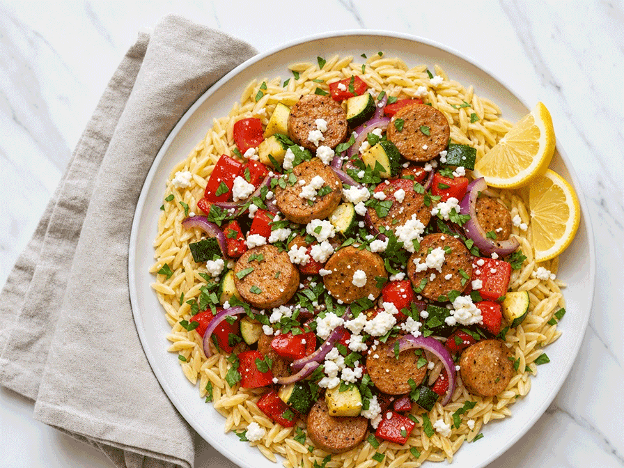 Mediterranean Chicken Sausage Skillet with Lemony Orzo