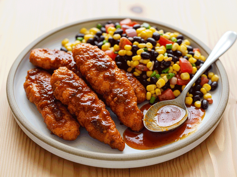 Spicy Maple-Chipotle Chicken Tenders with Roasted Corn & Black Bean Salad