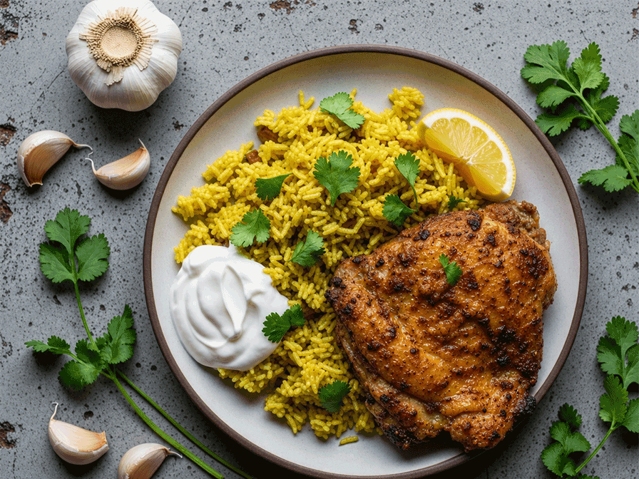 Garam Masala Yogurt Chicken Thighs with Spiced Basmati Rice