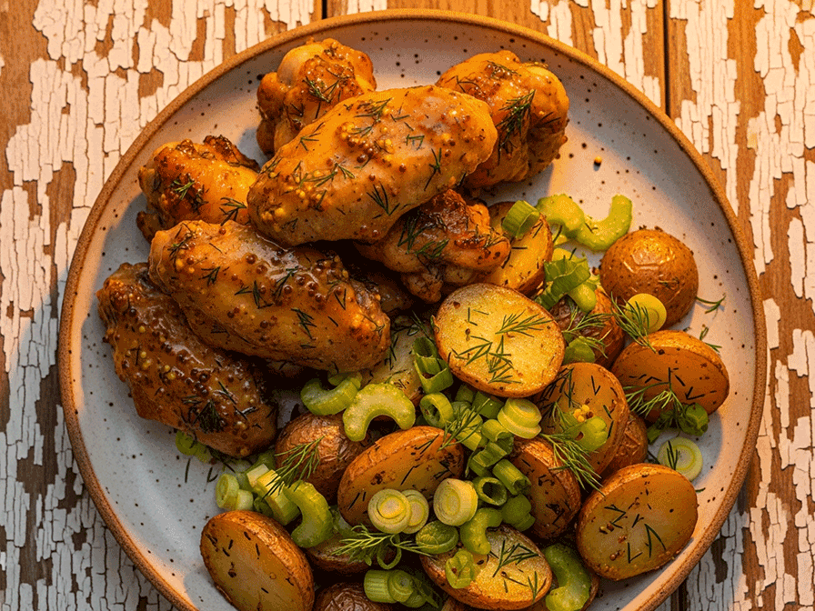 Tangy Honey-Mustard & Dill Wings with Warm Roasted Potato Salad