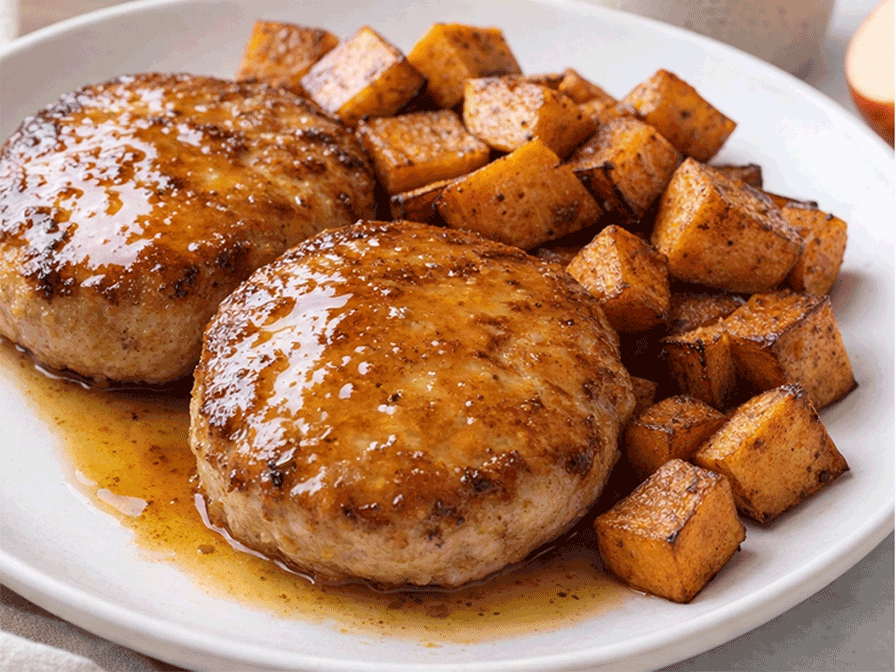 Warm Spiced Cider Glazed Chicken Patties with Cinnamon-Kissed Roasted Sweet Potatoes