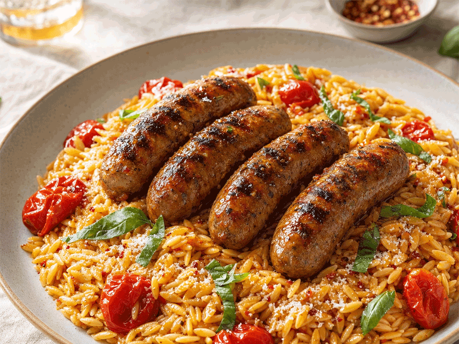 Calabrian Sausage Skillet with Blistered Tomato Orzo