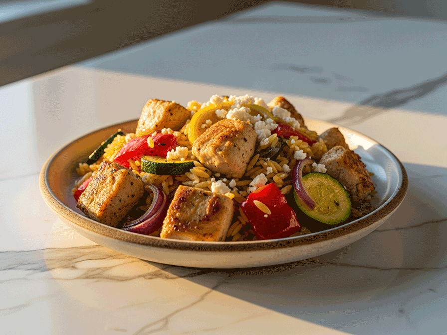Zesty Lemon-Herb Souvlaki Chunks with Warm Roasted Vegetable Orzo