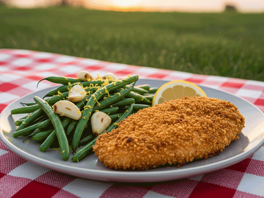 Golden Panko-Crusted Chicken Cutlets with Roasted Garlic Green Beans