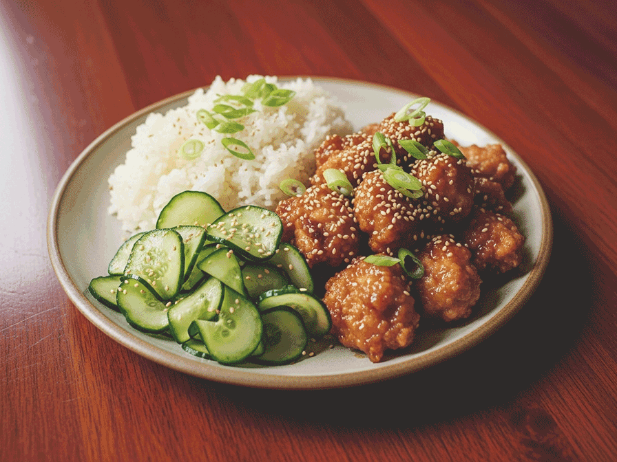 Sesame-Ginger Popcorn Chicken with Sticky Rice & Quick-Pickled Cucumber