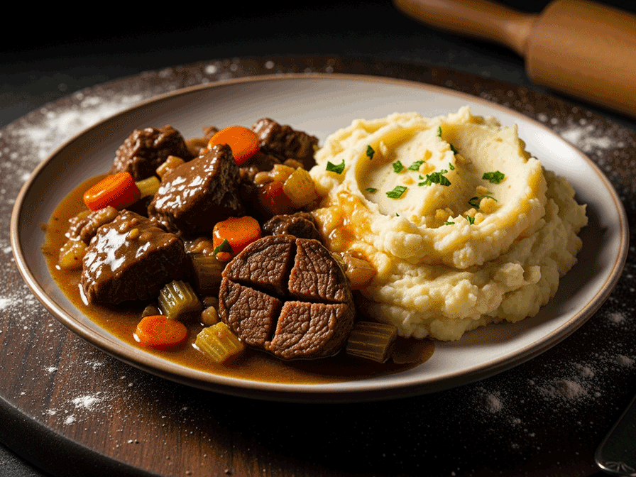 Rustic Beef Stew with Buttery Garlic Mashed Potatoes