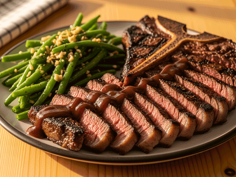 Seared T-Bone Steak with Garlic Butter Green Beans