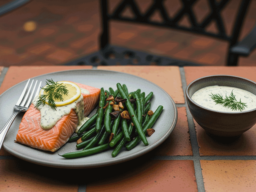 Lemon Dill Cream Salmon with Garlic Green Beans