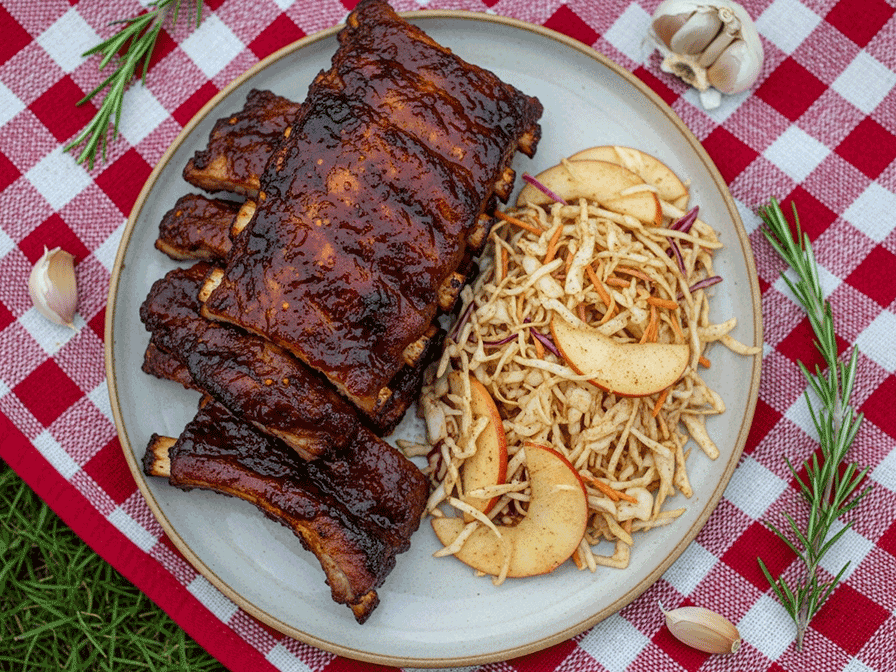 Sticky Sweet & Spicy Baby Back Ribs with Warm Cinnamon Apple Slaw