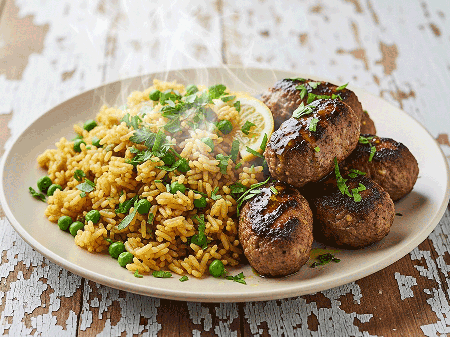 Spiced Beef Kofta Kebabs with Warm Allspice Rice Pilaf