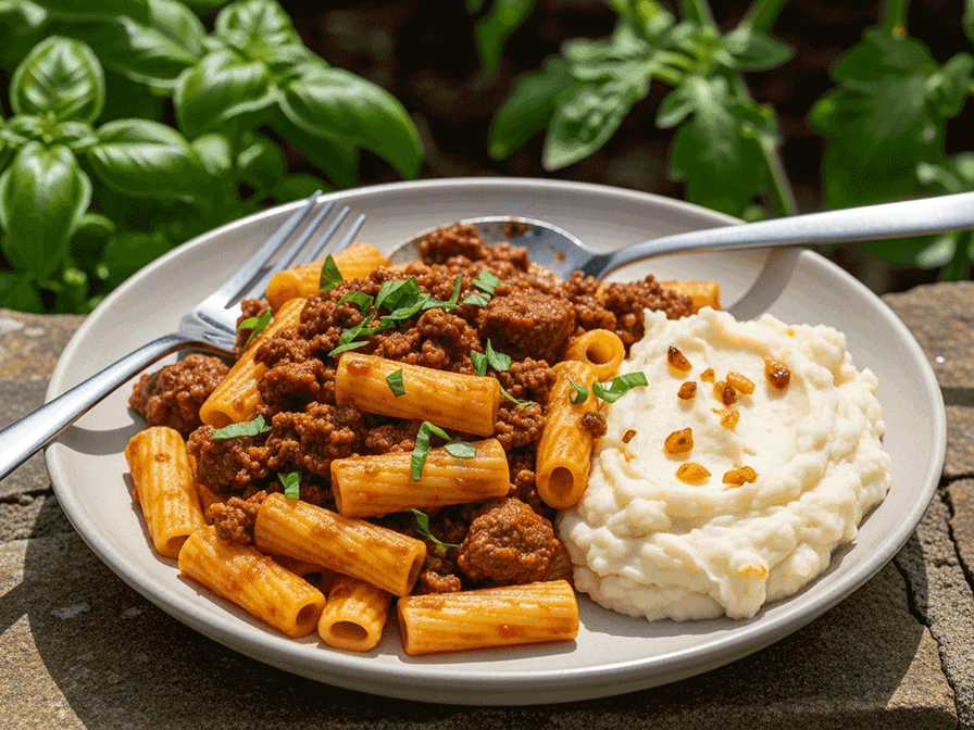 Herb & Red Wine Bolognese with Roasted Garlic Mashed Potatoes 