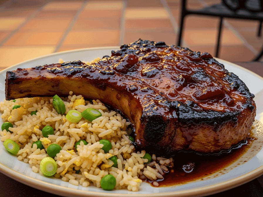 Sweet & Sour Plum-Glazed Loin Chops with Ginger Fried Rice 