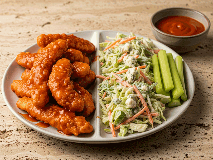 Zesty Buffalo Strips with Cool Blue Cheese Slaw 