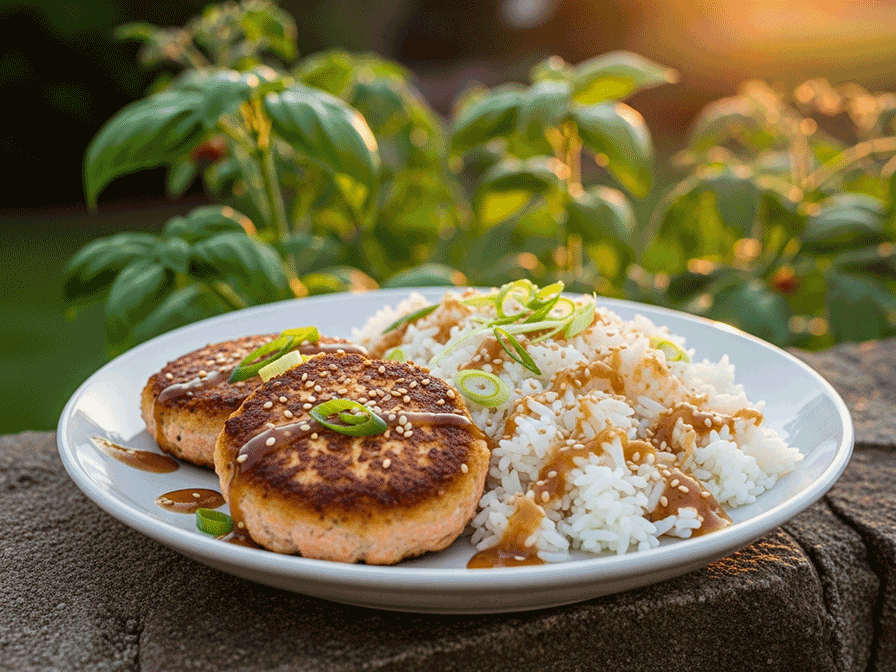 Sesame-Ginger Salmon Patties with Warm Scallion Rice