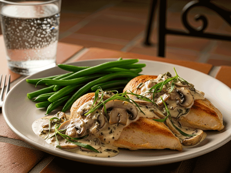 Golden Chicken Breasts with Creamy Dijon-Tarragon Mushroom Sauce & Buttery Green Beans