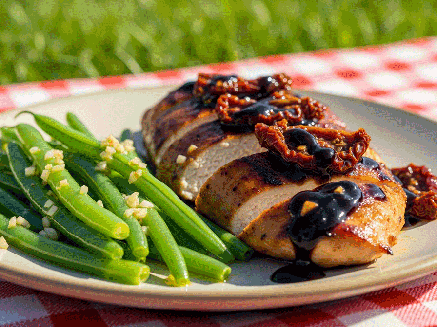 Sun-Dried Tomato & Balsamic Chicken Cutlets with Garlic Green Beans