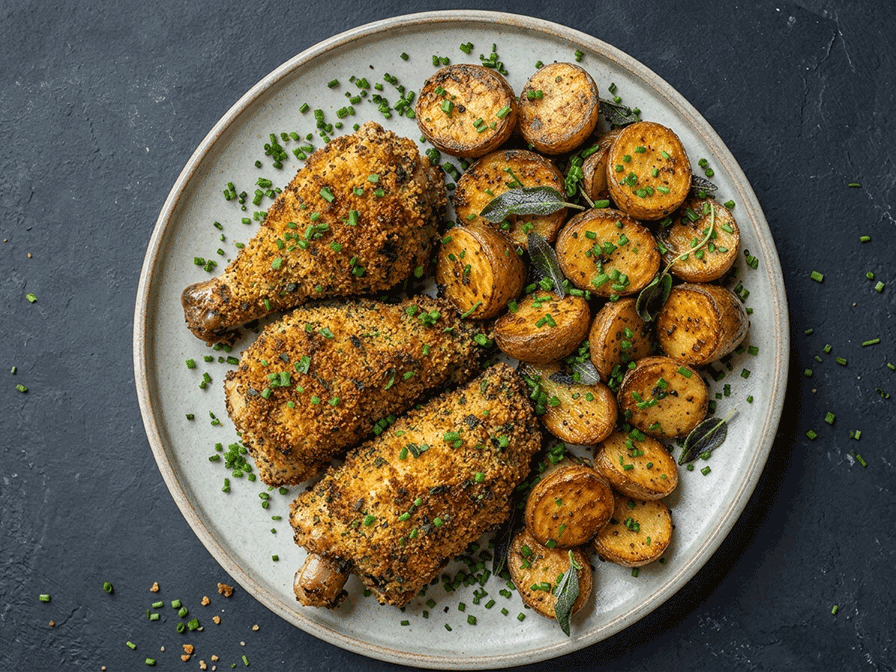 Herb-Crusted Buttermilk Drumsticks with Warm Sage Roasted Potatoes