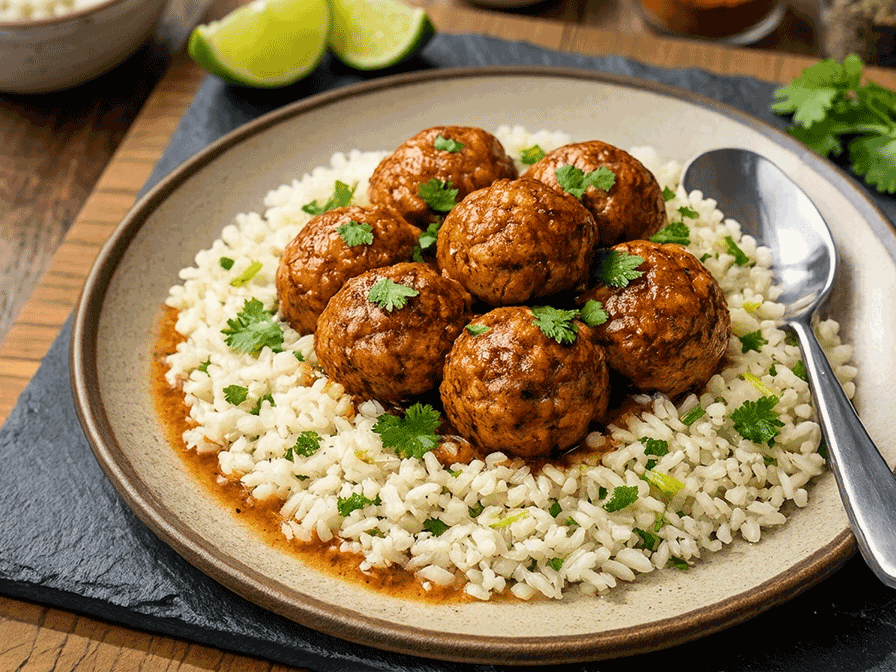 Cumin-Spiced Chicken Meatballs with Cilantro-Lime Rice
