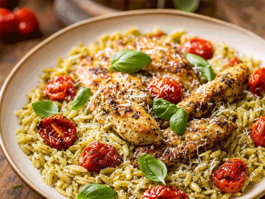 Lemon Pesto Chicken Tenders with Garlic Roasted Tomatoes & Orzo