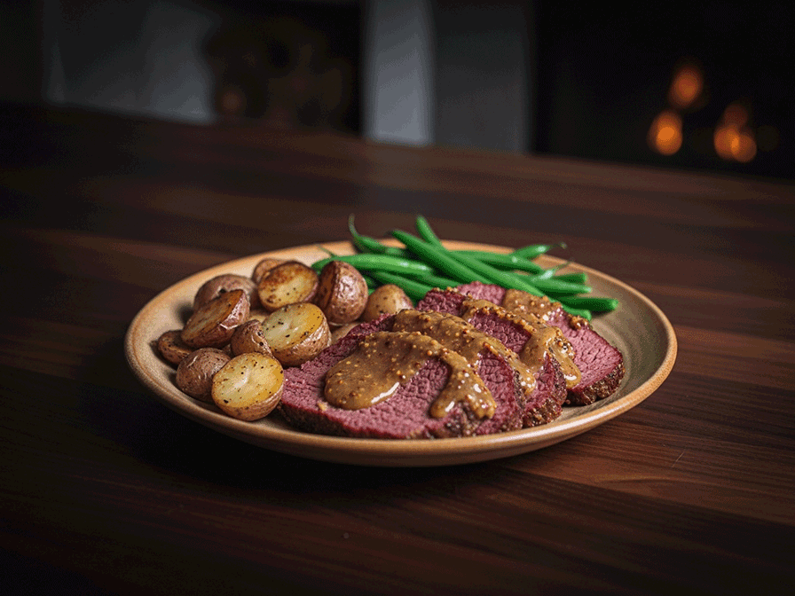 Honey-Mustard Glazed Corned Beef with Warm Tangy Roasted Potatoes & Green Beans