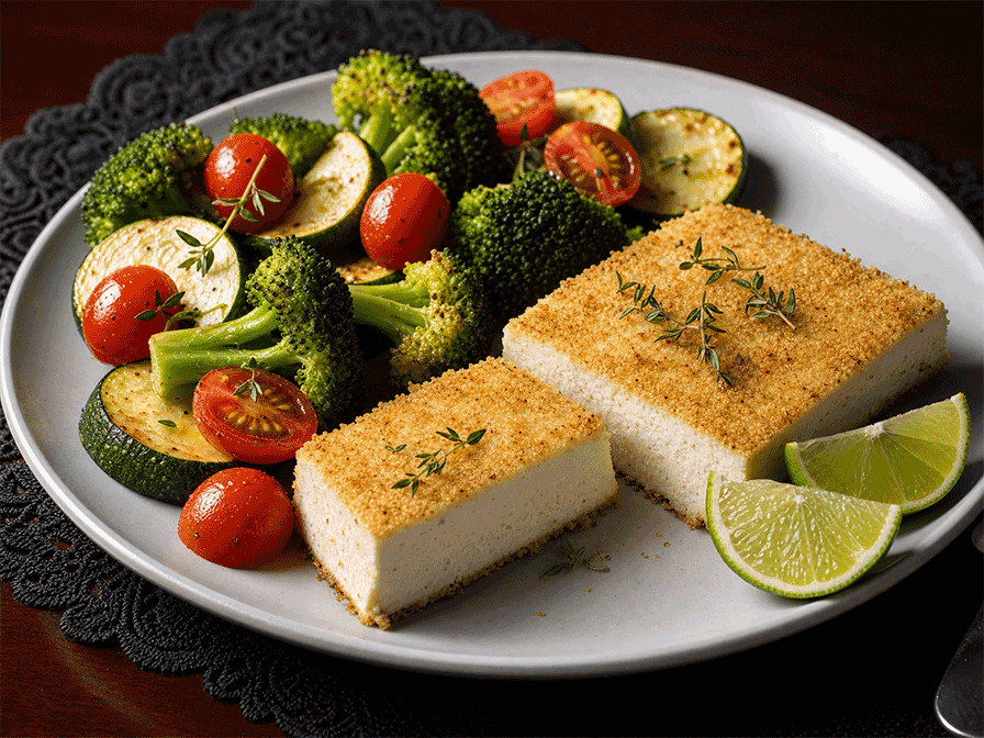 Garlic-Herb Crusted Tofu with Lemon Thyme Roasted Vegetables