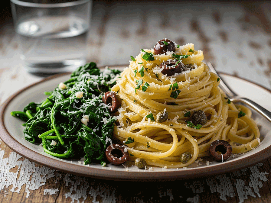 Lemony Mediterranean Fettuccine with Garlicky Sautéed Spinach