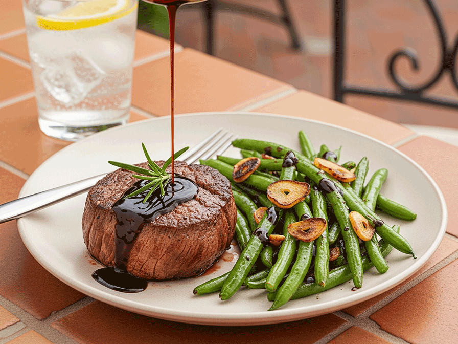 Balsamic Rosemary Filet Mignon with Roasted Garlic Green Beans