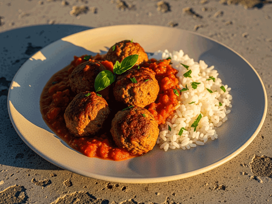Herbed Meatballs in Red Wine Tomato Sauce with Garlic Oregano Rice