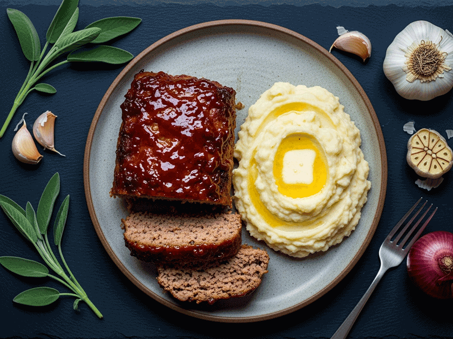 Sage & Onion Meatloaf with Roasted Garlic Mashed Potatoes