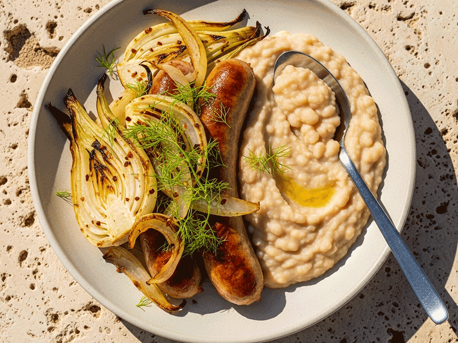 Fennel-Herb Sausages with Roasted Fennel & White Bean Mash