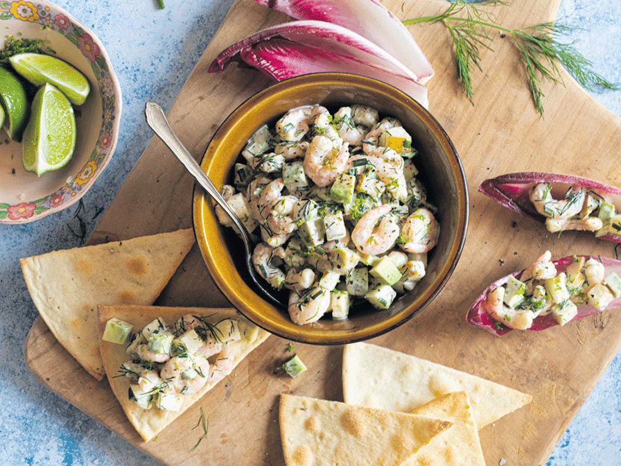 Bouchées de crevettes nordiques, lime et poires