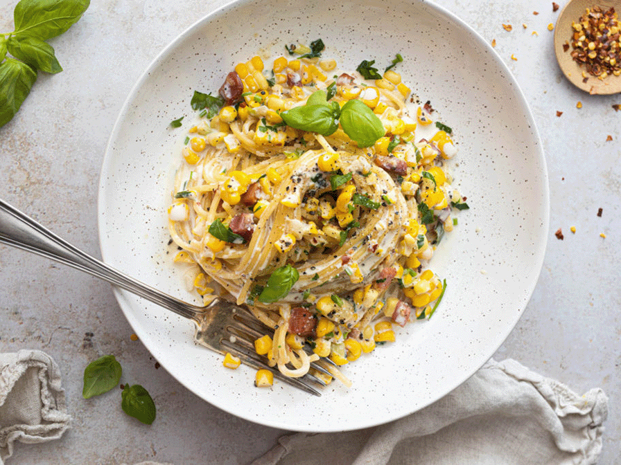 Pâtes crémeuses maïs et pancetta